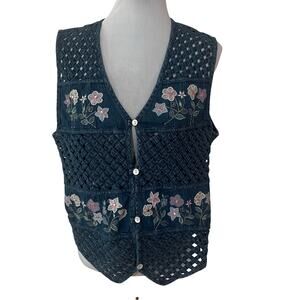 Willow Ridge | Vintage blue denim jean lattice floral embroidered vest WOMENS L